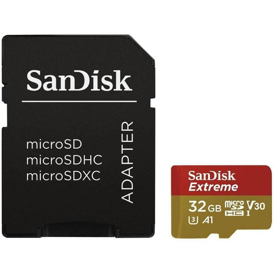 Atmiņas kartes SanDisk Extreme microSDHC 32GB for Action Cams and Drones + SD Adapter - SDSQXAF-032G-GN6AA