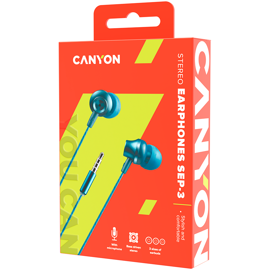 Austiņas Earphones Canyon SEP-3 Mic 1.2m Blue Green - CNS-CEP3BG