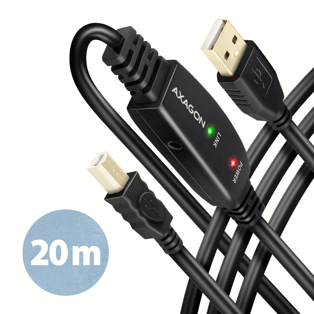 Axagon Active connection USB 2.0 A-M > B-M cable, 20 m long. Power supply option. (ADR-220B)