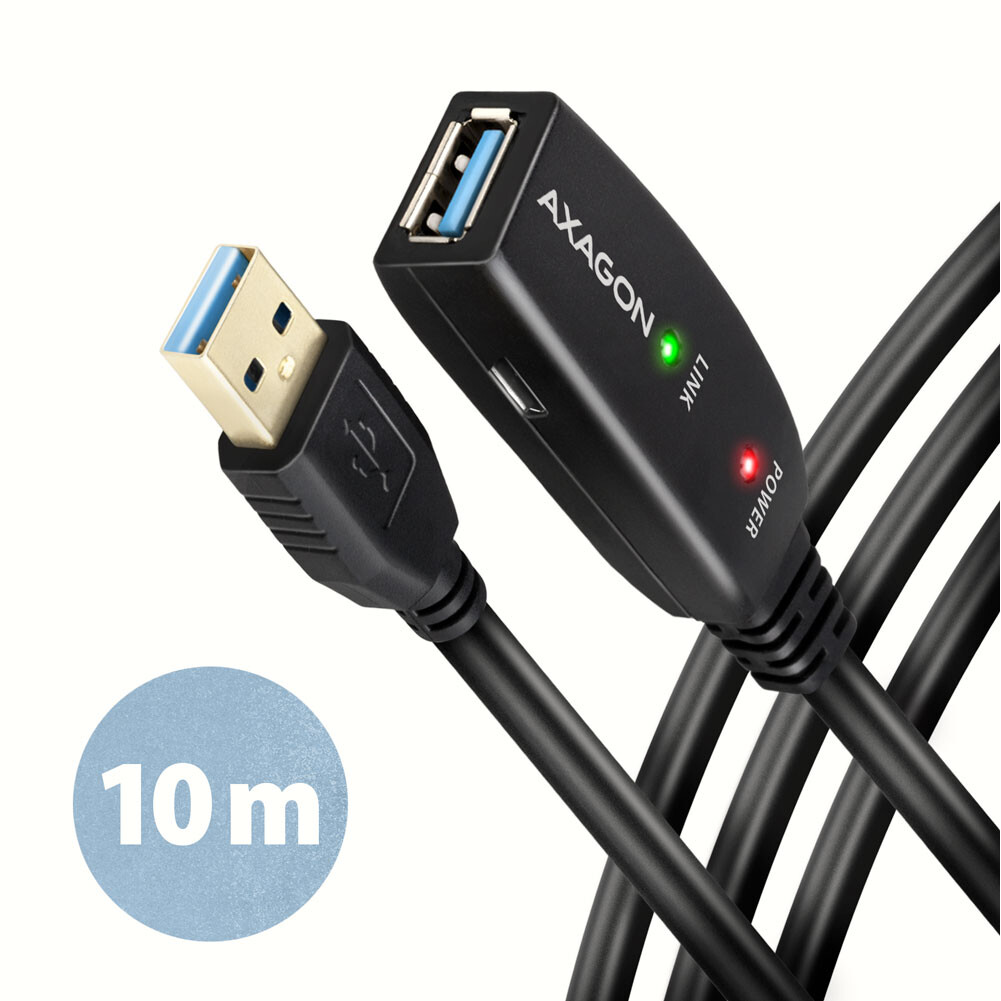 Axagon Active extension USB 3.2 Gen 1 A-M > A-F cable, 10 m long. Power supply option. (ADR-310)