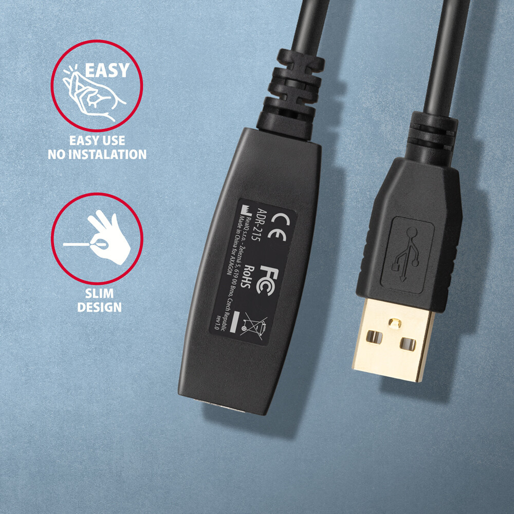 Axagon ADR-215 Active extension USB 2.0 A-M > A-F cable, 15 m long. Power supply option (ADR-215) - foto 4