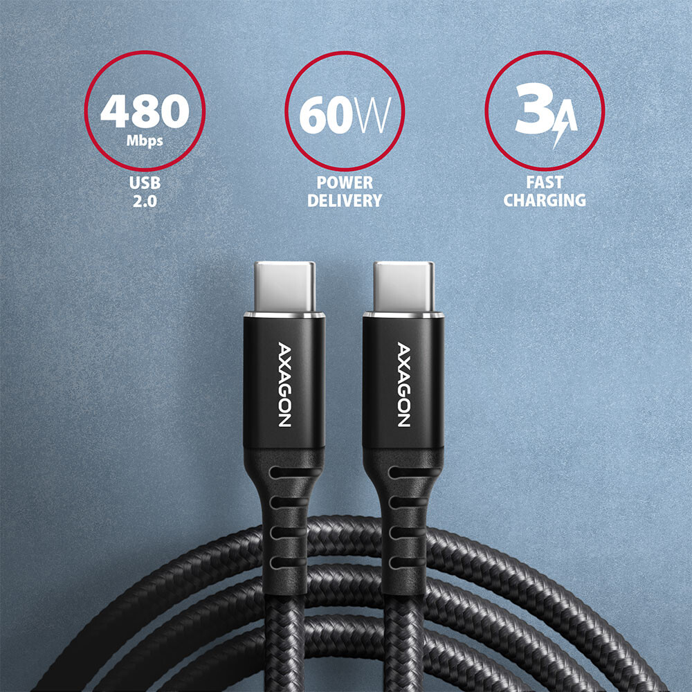 Axagon Data and charging USB 2.0 . 3A. Black braided. - BUCM-AM10AB - foto 4
