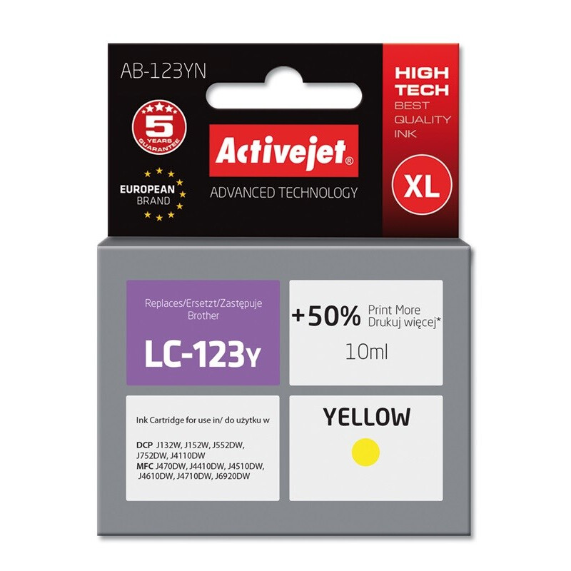 Kārtridžs Activejet AB-123YN Ink for Brother 10 ml yellow (AB-123YN)