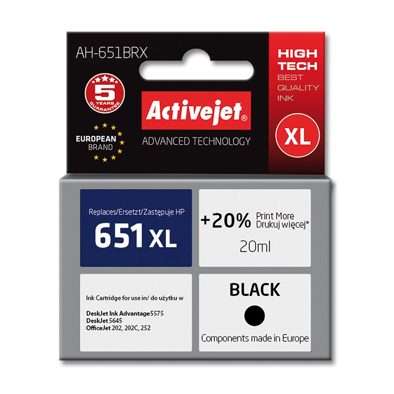 Kārtridžs Activejet AH-651BRX Ink (replacement for HP 651 C2P10AE; Premium; 20 ml; black) (AH-651BRX)