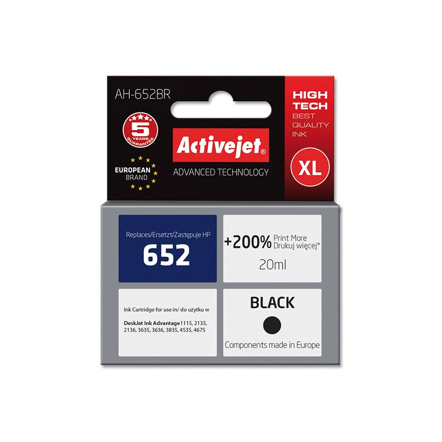 Kārtridžs Activejet AH-652BR ink (replacement for HP 652 F6V25AE; Premium; 20 ml; black) (AH-652BR)