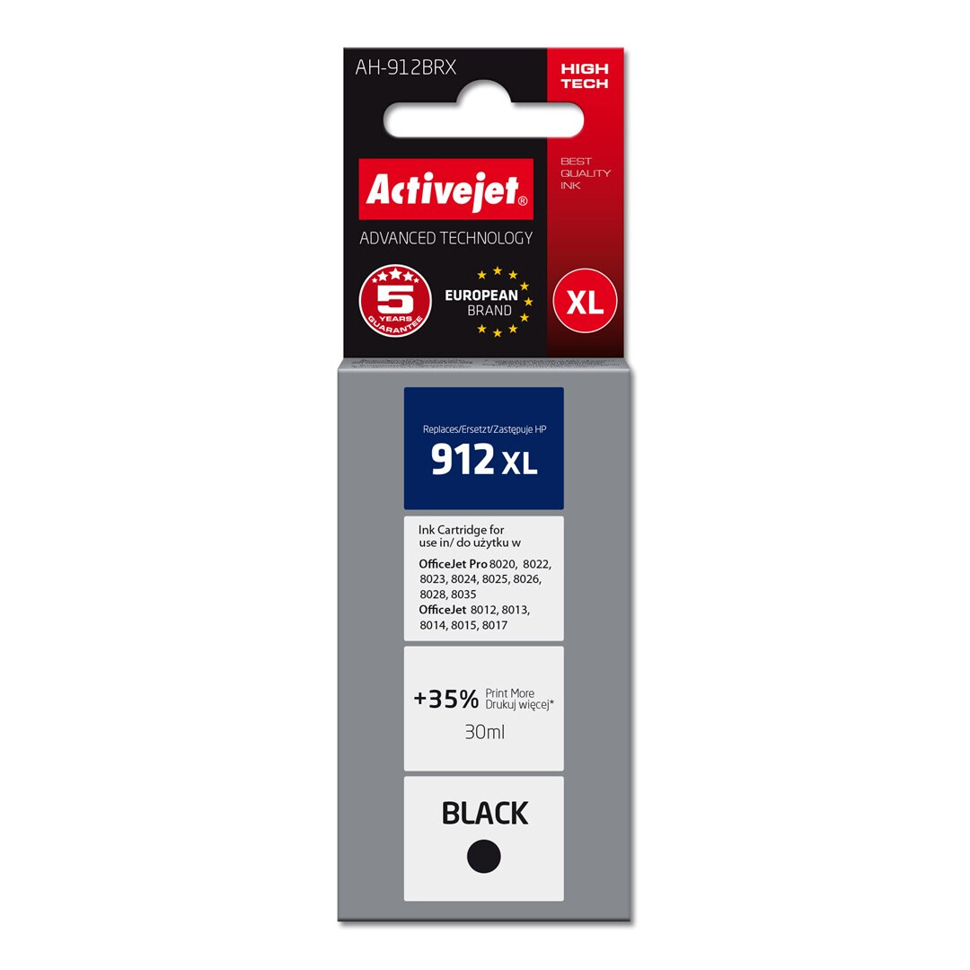 Kārtridžs Activejet AH-912BRX Ink (replacement for HP 912XL 3YL84AE; Premium; 1100 pages; 30 ml, black) (AH-912BRX)