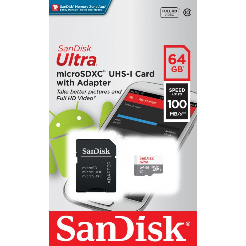 Carte mémoire 64GB MicroSD SanDisk Ultra + SD adapter (SDSQUNR-064G-GN3MA)