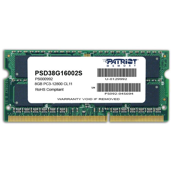 Operatīvā atmiņa 8Gb DDR-III 1600MHz Patriot SO-DIMM (PSD38G16002S)