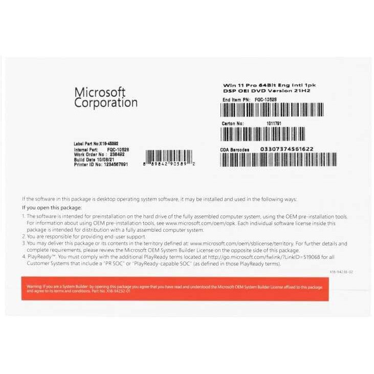 logiciel Microsoft Windows 11 Pro 64-bit English Intl 1pk DSP OEI DVD (FQC-10528)