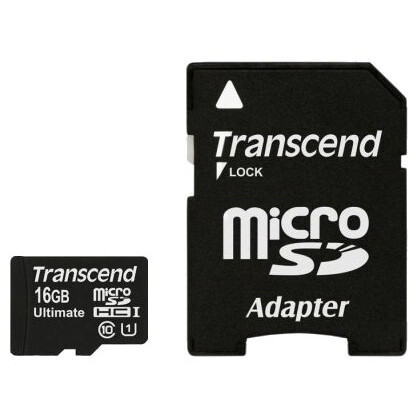 Atmiņas kartes 16Gb MicroSD Transcend + SD adapter (TS16GUSDHC10U1)