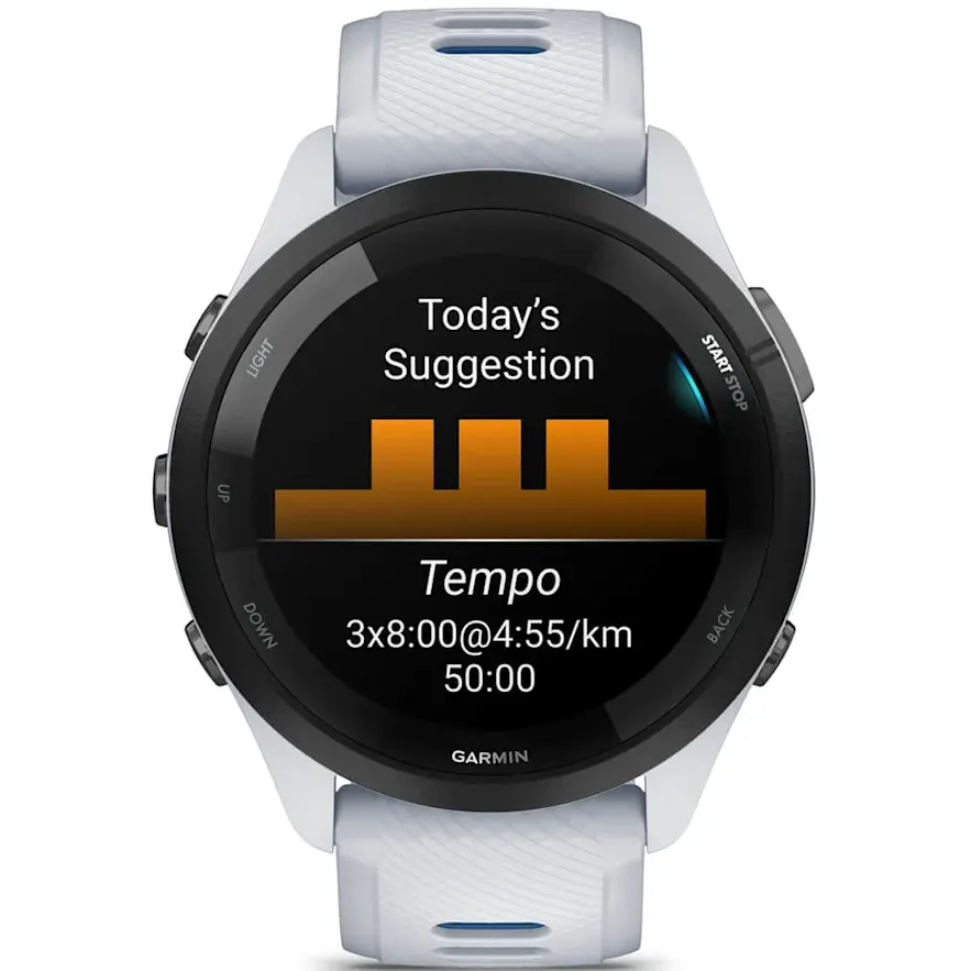 montres intelligentes Garmin Forerunner 265 Black Bezel with Whitestone Case and Whitestone/Tidal Blue Silicone Band - 010-02810-11 - photo 4