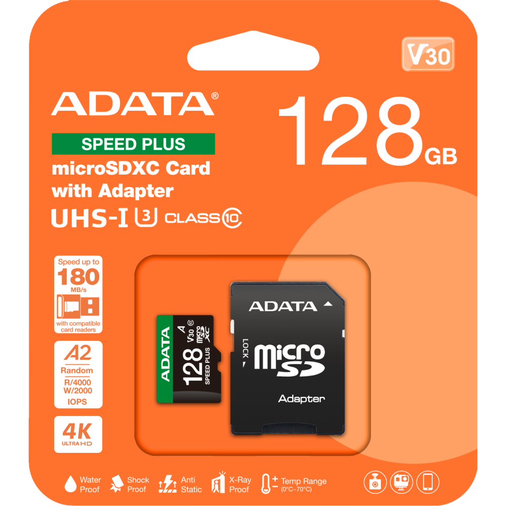carte mémoire 128GB MicroSD ADATA SPEED PLUS + SD adapter (UD128GUI3V30A2SP-RA1) - photo 2