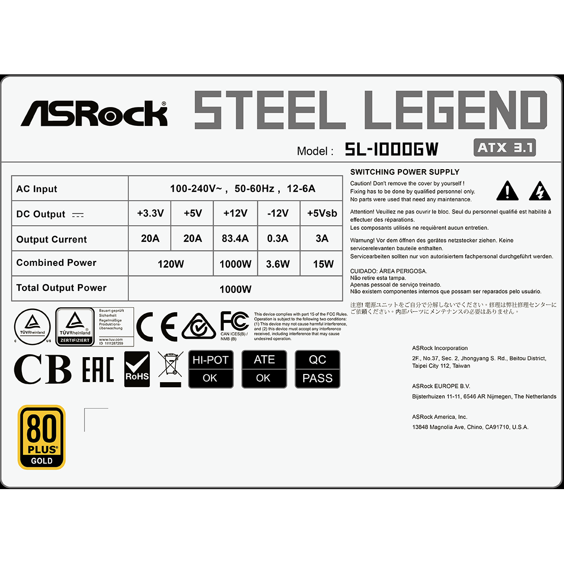 Alimentation électrique 1000W ASRock Steel Legend SL-1000GW - 90-UXS100-GFEABA - photo 8